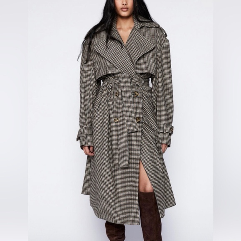 BARDOT Oversized Trench Coat in Brown Houndstooth Check Wool Blend Size S